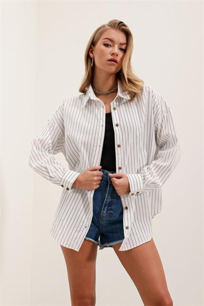 Beyaz Siyah Çizgili Oversize Uzun Basic Gömlek 3900