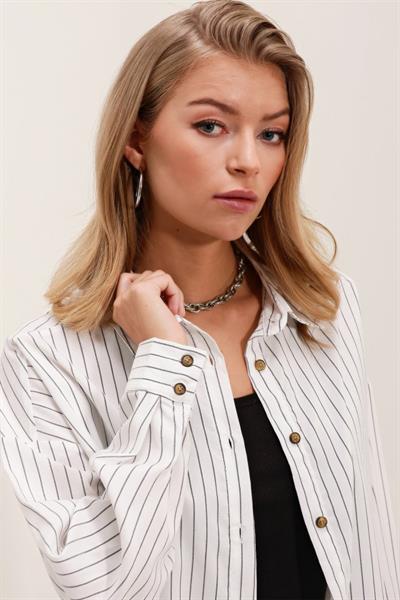 Beyaz Siyah Çizgili Oversize Uzun Basic Gömlek 3900