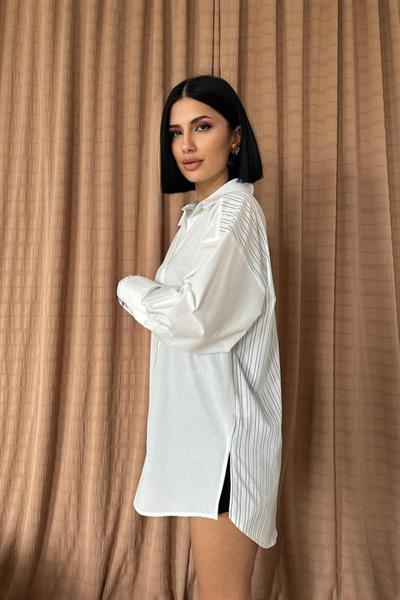 Beyaz Trikoton Çizgili Garnili Gömlek