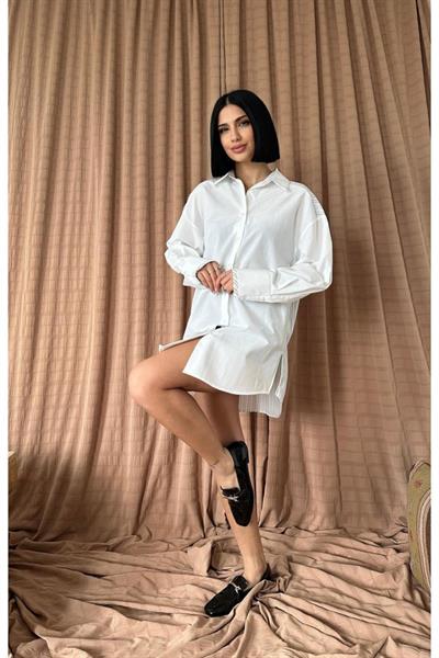 Beyaz Trikoton Çizgili Garnili Gömlek