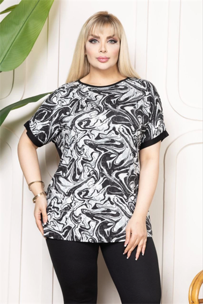 Bisiklet Yaka Büyük Beden Desenli Bluz - Desenli