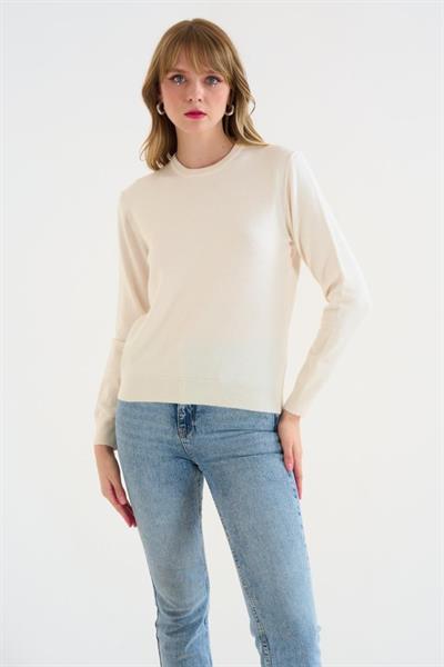 Bisiklet Yaka Düz Kazak - Krem