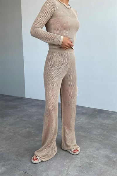 Bisiklet Yaka File Desenli Takım - Bej