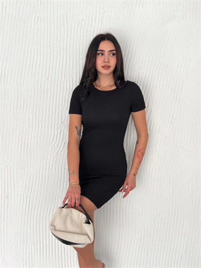 Bisiklet Yaka Kısa Kol Likralı Elbise - Siyah