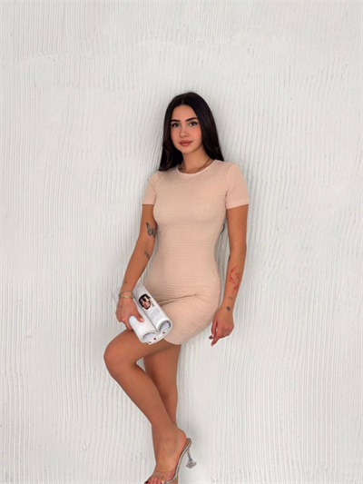 Bisiklet Yaka Kısa Kol Likralı Elbise - Bej