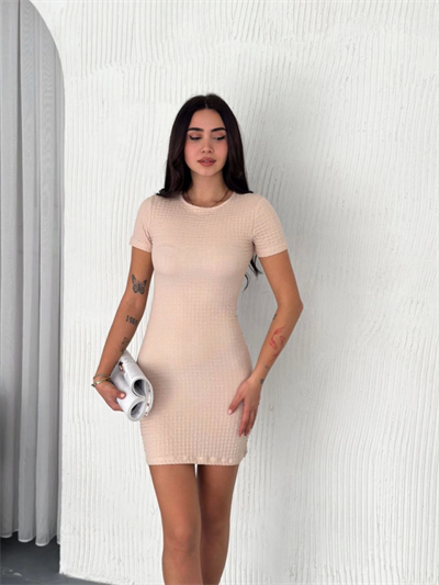 Bisiklet Yaka Kısa Kol Likralı Elbise - Bej
