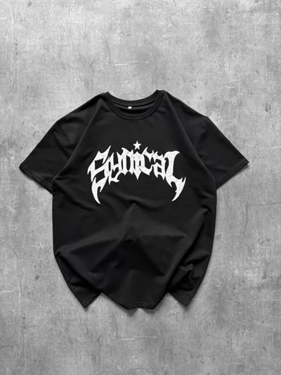 Bisiklet Yaka Ön Baskılı  Kısa Kollu Tişört Streetwear Günlük Basic Pamuklu T-shirt - Siyah