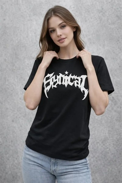 Bisiklet Yaka Ön Baskılı  Kısa Kollu Tişört Streetwear Günlük Basic Pamuklu T-shirt - Siyah