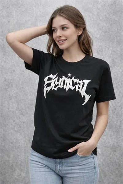 Bisiklet Yaka Ön Baskılı  Kısa Kollu Tişört Streetwear Günlük Basic Pamuklu T-shirt - Siyah