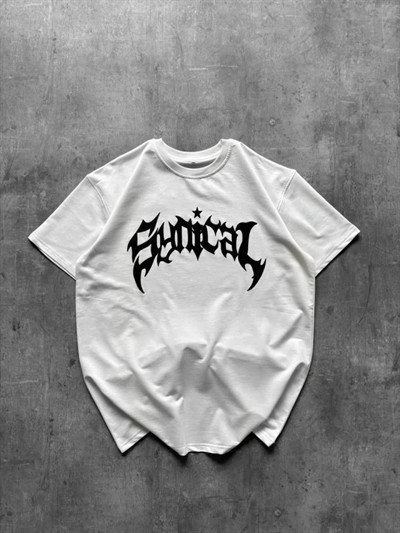 Bisiklet Yaka Ön Baskılı Kısa Kollu Tişört Streetwear Günlük Basic Pamuklu T-shirt - Beyaz