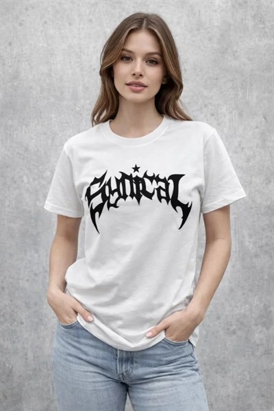 Bisiklet Yaka Ön Baskılı Kısa Kollu Tişört Streetwear Günlük Basic Pamuklu T-shirt - Beyaz