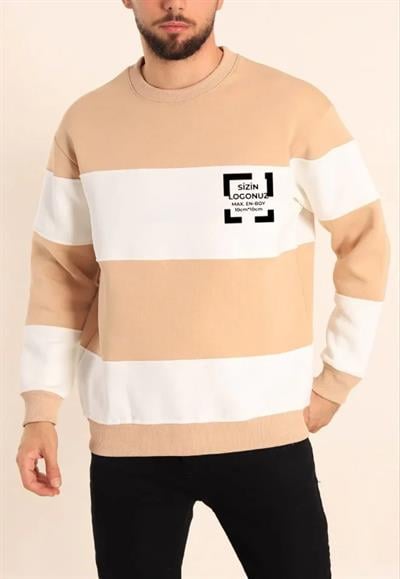 Bisiklet Yaka Parçalı Özel Üretim Sweatshirt- Bej