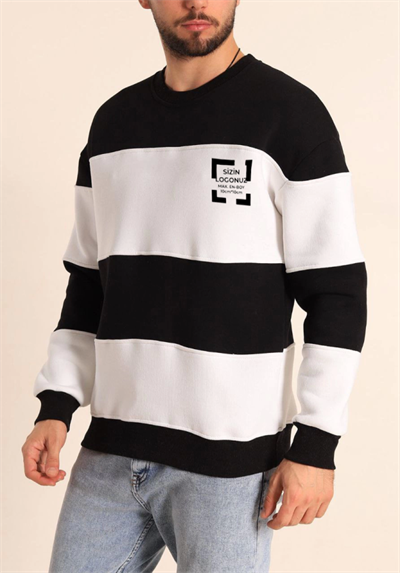 Bisiklet Yaka Parçalı Özel Üretim Sweatshirt- Siyah