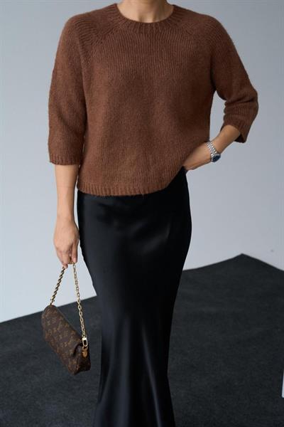 Bisiklet Yaka Reglanlı Kısa Kol Kazak - Acı Kahve