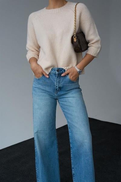 Bisiklet Yaka Reglanlı Kısa Kol Kazak - Vanilya