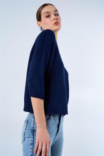 Bisiklet Yaka Reglanlı Kısa Kol Kazak - Lacivert