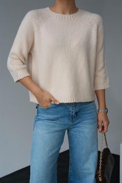 Bisiklet Yaka Reglanlı Kısa Kol Kazak - Vanilya