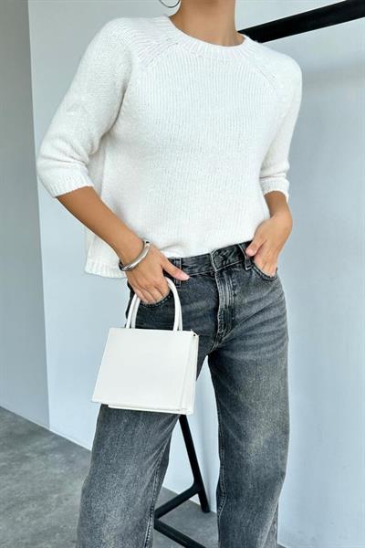 Bisiklet Yaka Reglanlı Kısa Kol Kazak - Krem