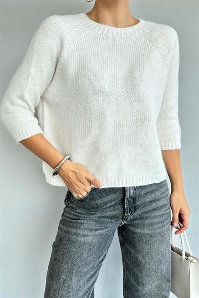 Bisiklet Yaka Reglanlı Kısa Kol Kazak - Krem