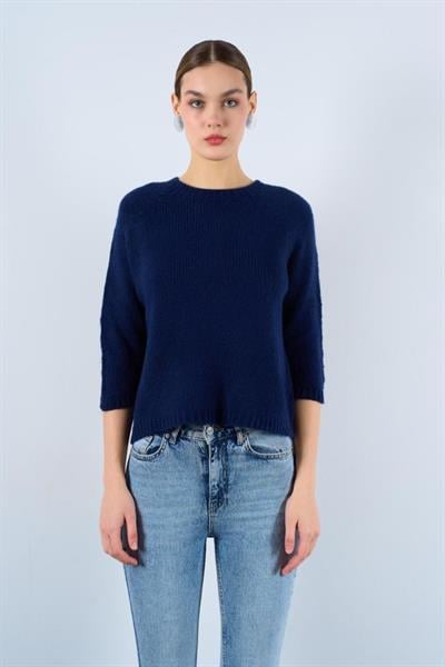 Bisiklet Yaka Reglanlı Kısa Kol Kazak - Lacivert