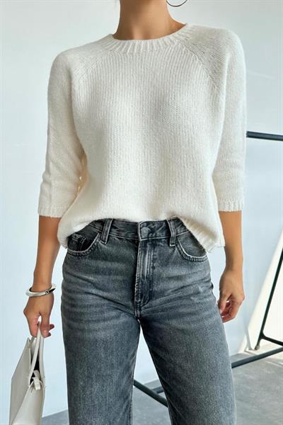 Bisiklet Yaka Reglanlı Kısa Kol Kazak - Krem