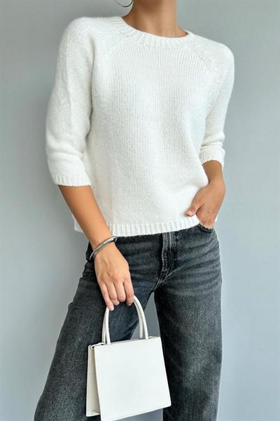 Bisiklet Yaka Reglanlı Kısa Kol Kazak - Krem