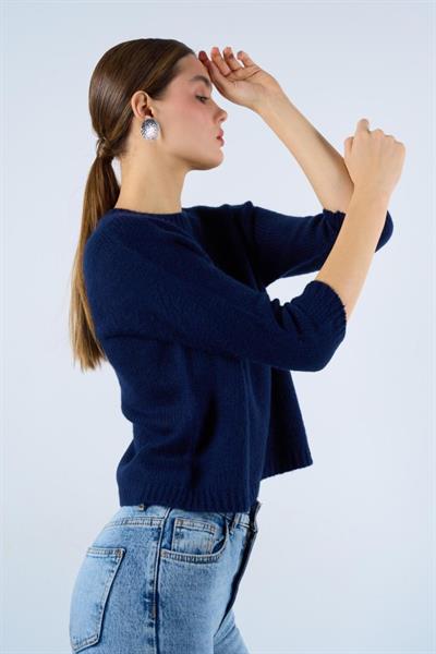 Bisiklet Yaka Reglanlı Kısa Kol Kazak - Lacivert