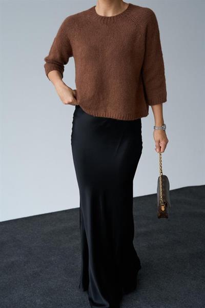 Bisiklet Yaka Reglanlı Kısa Kol Kazak - Acı Kahve