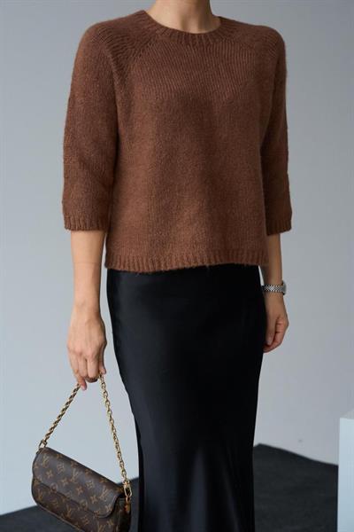 Bisiklet Yaka Reglanlı Kısa Kol Kazak - Acı Kahve