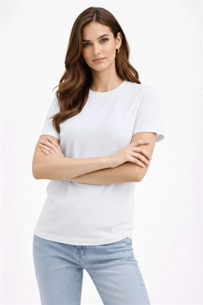 Bisiklet Yaka Tişört Regular Kalıp Basic Pamuklu Günlük Kullanım T-shirt - Beyaz