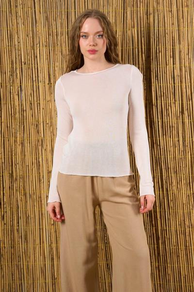 Bisiklet Yaka Transparan Kazak - Krem