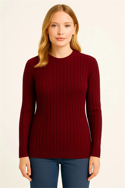 Bisiklet Yuvarlak Yaka Triko Kazak Pamuklu Kalın Fitilli Dokuma, Regular Fit Uzun Kollu Kışlık Model - Bordo