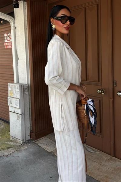 Blazer Ceketli Çizgili Keten Takım 10186