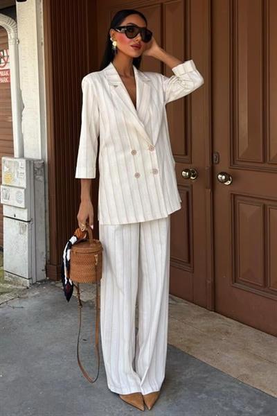 Blazer Ceketli Çizgili Keten Takım 10186