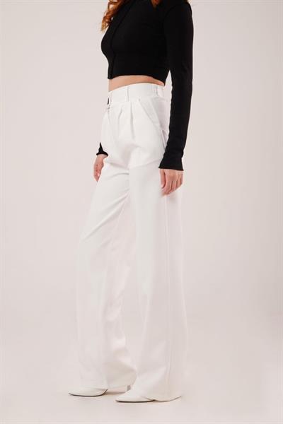 Bol Paça Piliseli Beyaz Pantolon