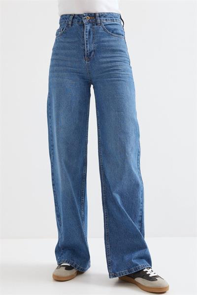 Bol Paça Yüksek Bel Palazzo Kot Pantolon 6656 - Lacivert