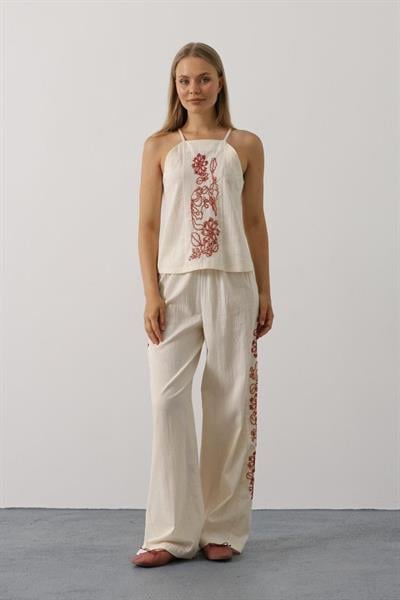 Boncuk İşlemeli Askılı Pantolon Takım - Natür