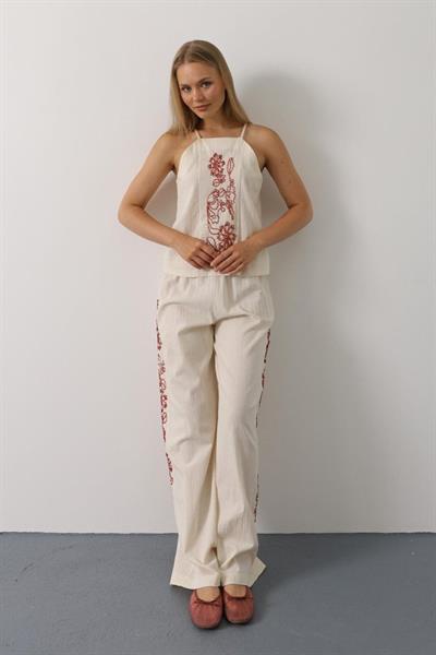 Boncuk İşlemeli Askılı Pantolon Takım - Natür