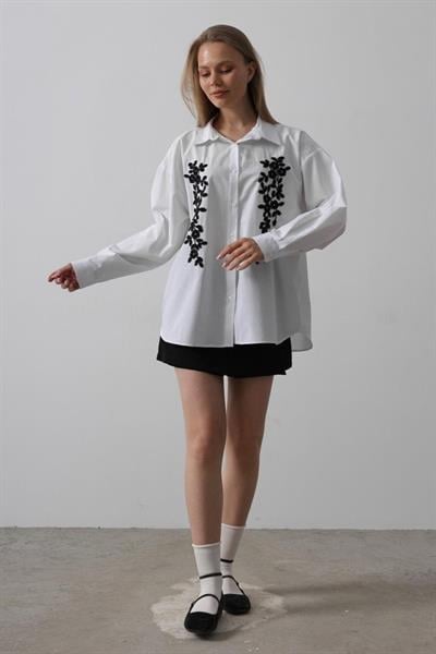 Boncuk Nakış Detaylı Uzun Gömlek - Beyaz