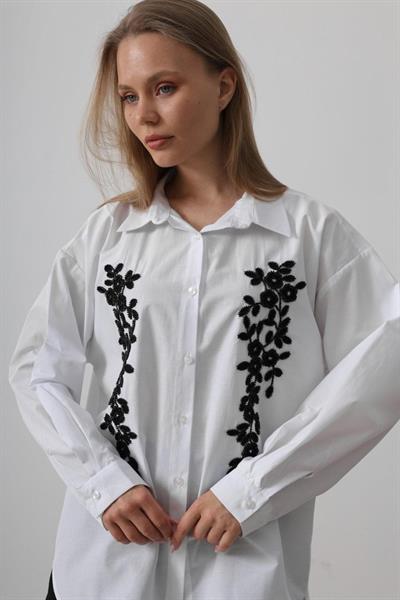 Boncuk Nakış Detaylı Uzun Gömlek - Beyaz