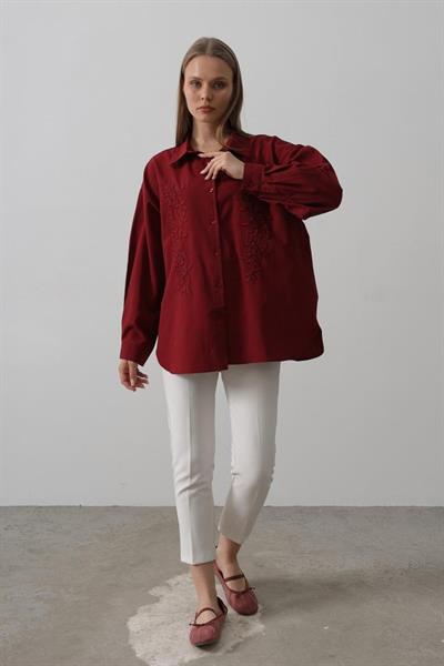 Boncuk Nakış Detaylı Uzun Gömlek - Bordo