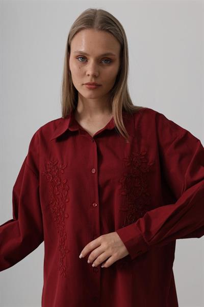 Boncuk Nakış Detaylı Uzun Gömlek - Bordo