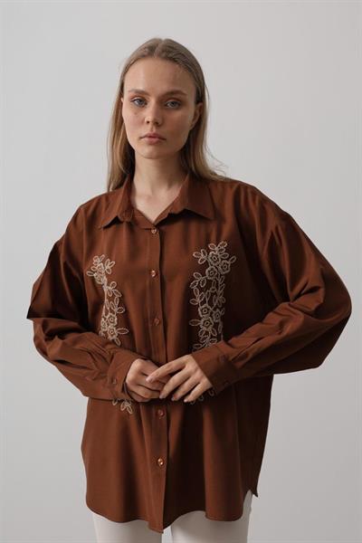 Boncuk Nakış Detaylı Uzun Gömlek - Kahve