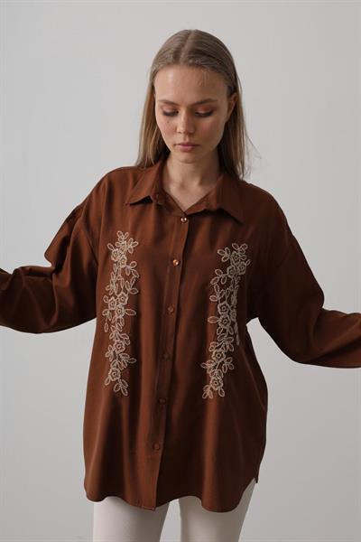 Boncuk Nakış Detaylı Uzun Gömlek - Kahve