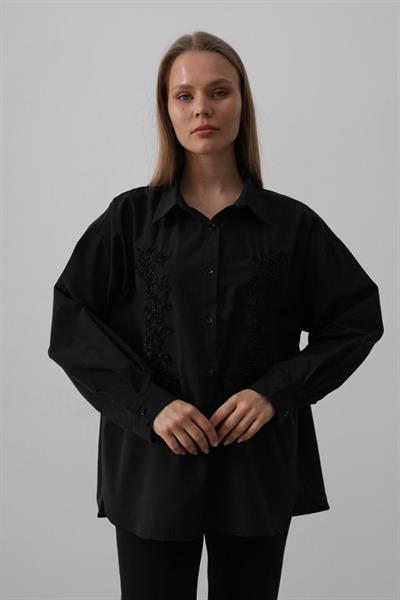 Boncuk Nakış Detaylı Uzun Gömlek - Siyah