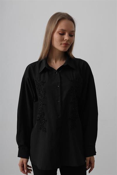 Boncuk Nakış Detaylı Uzun Gömlek - Siyah