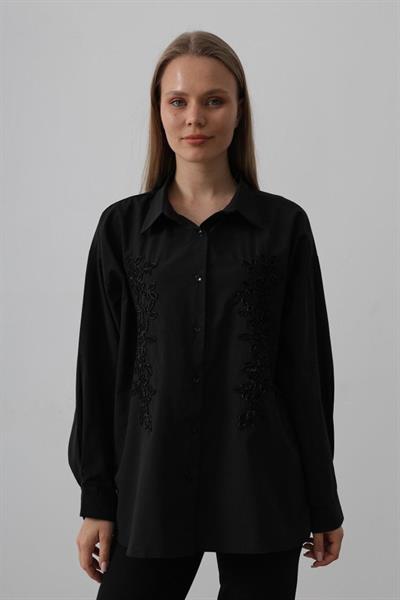 Boncuk Nakış Detaylı Uzun Gömlek - Siyah