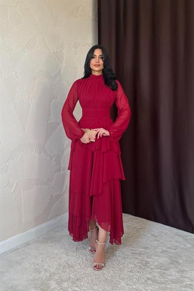Bordo Bel Detaylı Elbise