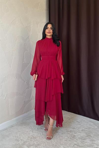 Bordo Bel Detaylı Elbise