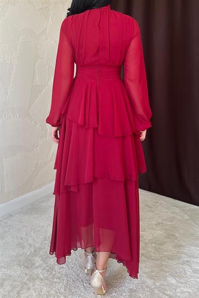 Bordo Bel Detaylı Elbise